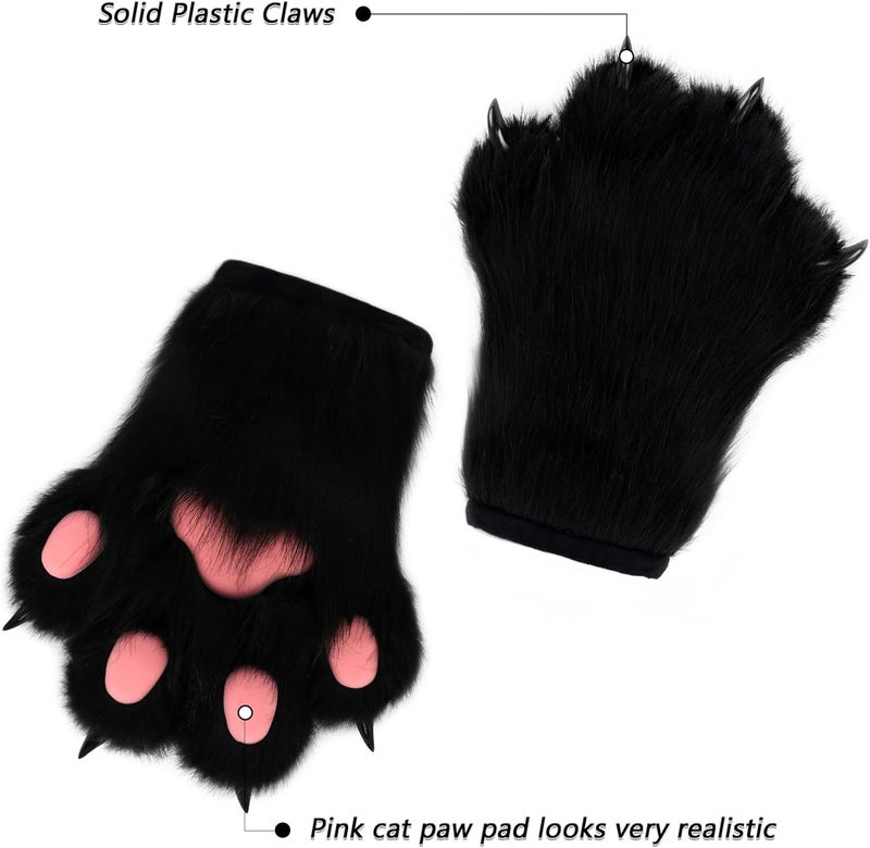 hbbhml Faux Fur Plush Furry Cat Claw Gloves Fursuit Animal Fox Paws Mittens Halloween Cosplay Costume Accessories for Adult - Image 3
